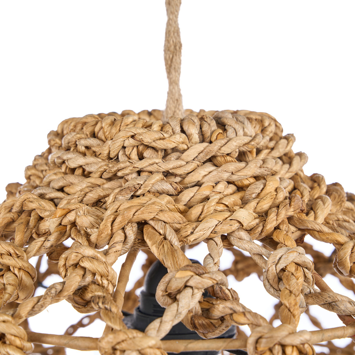 Close up of a woven rope pendant light on a white background