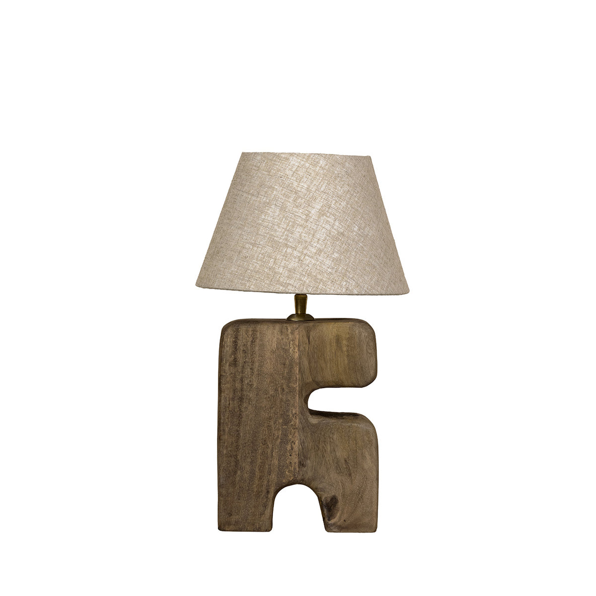 Table lamp with a unique wooden base and beige lampshade on a white background
