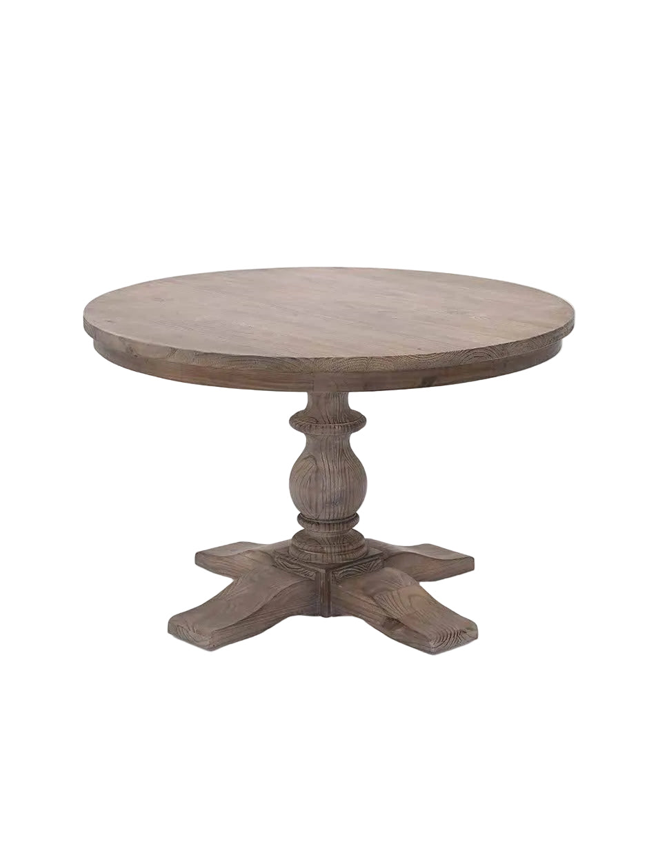 120cm round wooden dining table with a pedestal base on a white background