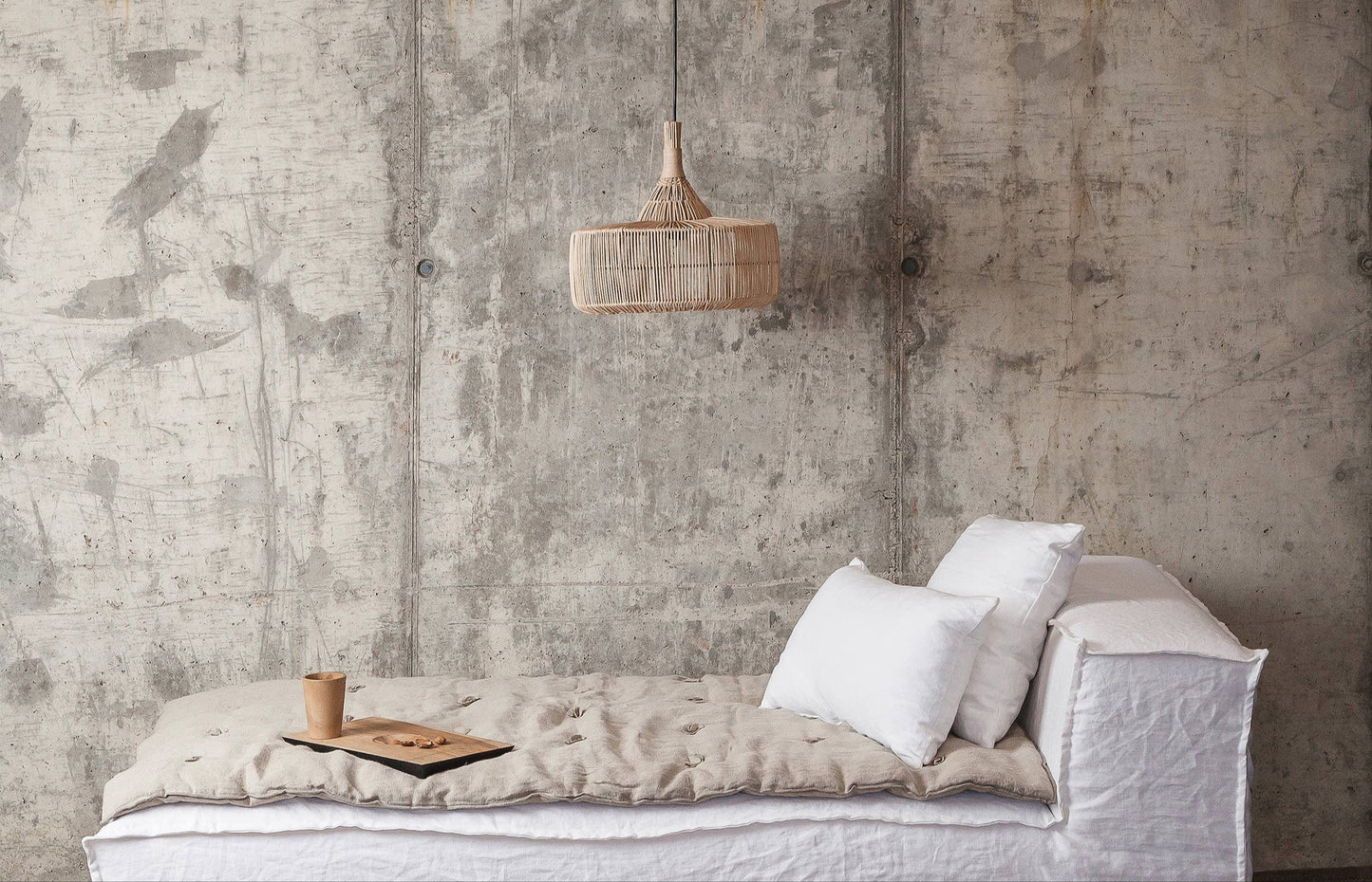 Minimalist interior with a white sofa against a textured concrete wall.