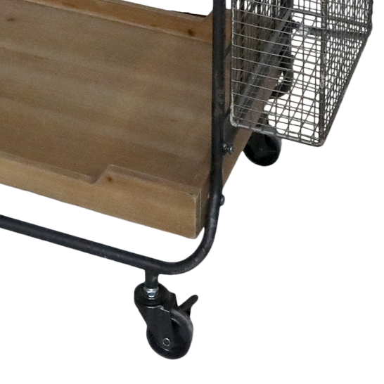 wheeled wood and metal trolley with wood trays and metal baskets on ends perfect for kitchen or office