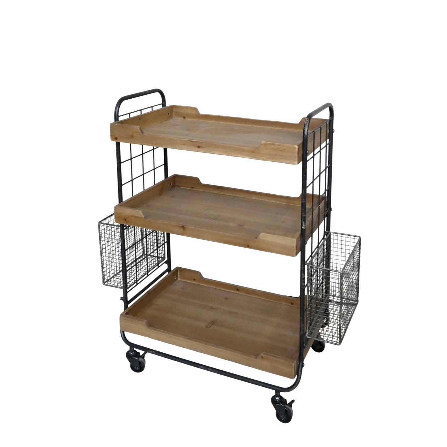 wood and metal trolley with wood trays and metal baskets on ends perfect for kitchen or office