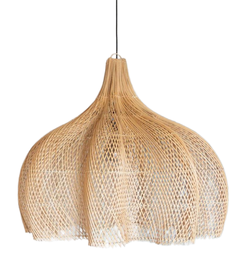 Woven wicker rattan pendant light on a white background