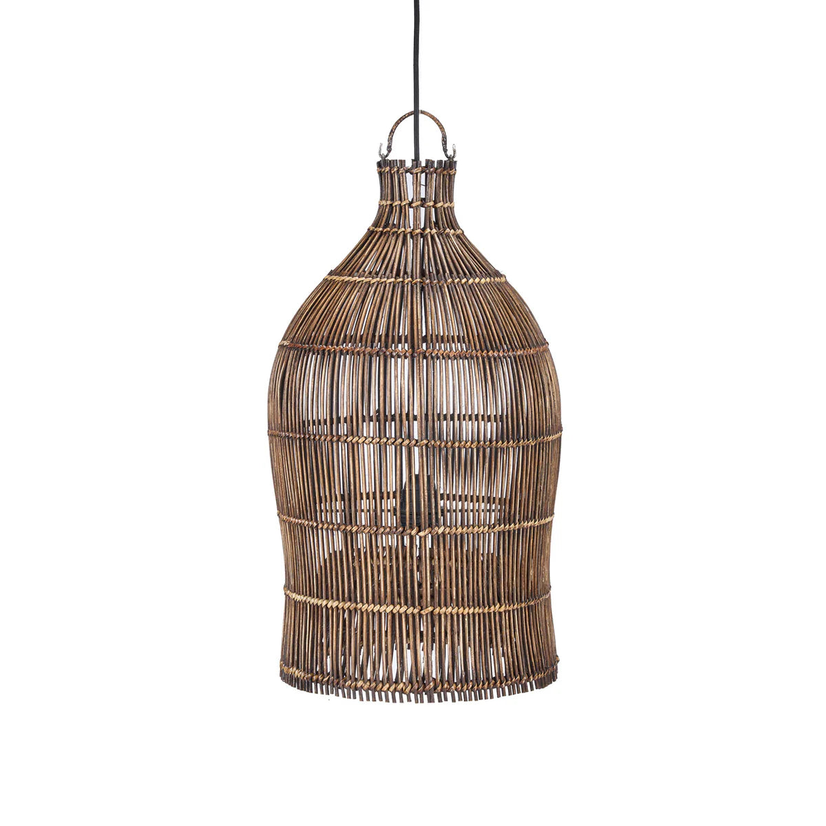 Woven wicker rattan pendant light on a white background