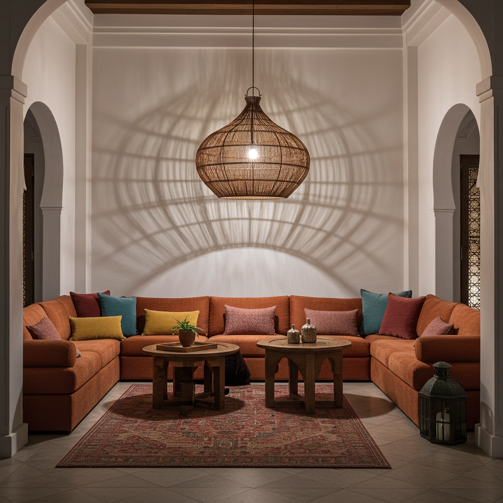 Rattan pendant light shade in living room with orange sectional sofa, wooden coffee tables, and decorative pillows.