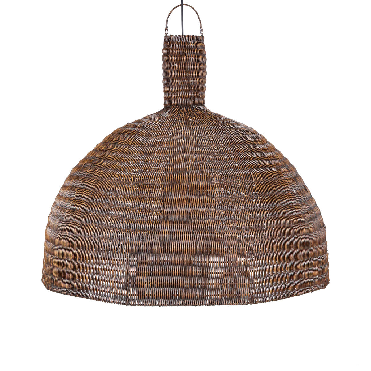 Dark woven rattan pendant light on a white background