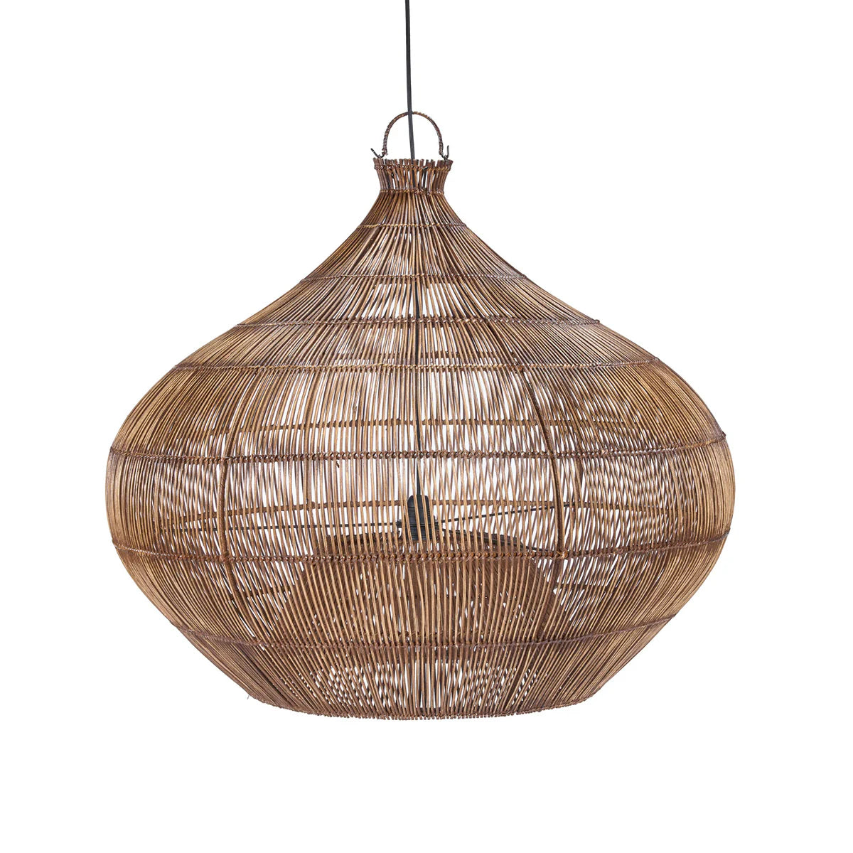Woven large dark rattan pendant light on a white background