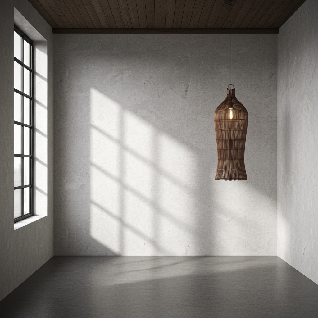 Large rattan pendant light hanging in a room with sunlight casting shadows on the wall.