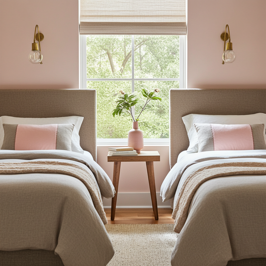 Two beds in a bedroom with pink walls, a window, and natural linen and pink velvet cushions