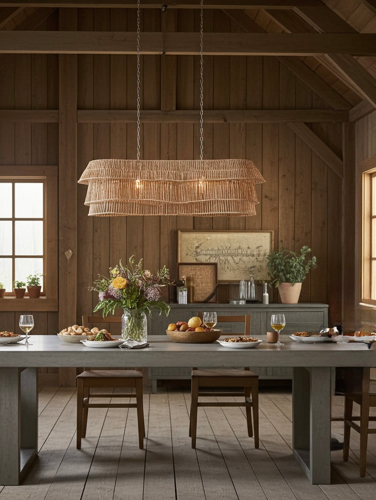 Long pendant chandelier light in Dining room with wooden table, chairs, and rustic decor.