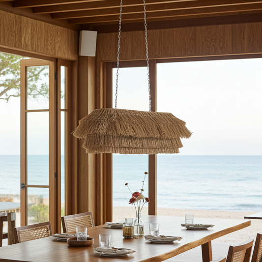 Dining area with a rattan grass pendant light, wooden table, and chairs overlooking the ocean.