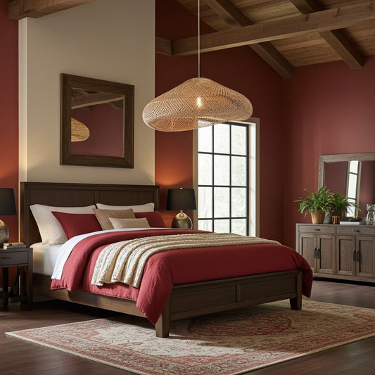 Extra large rattan pendant light shade Bedroom with wooden bed, red bedding, and pendant light.