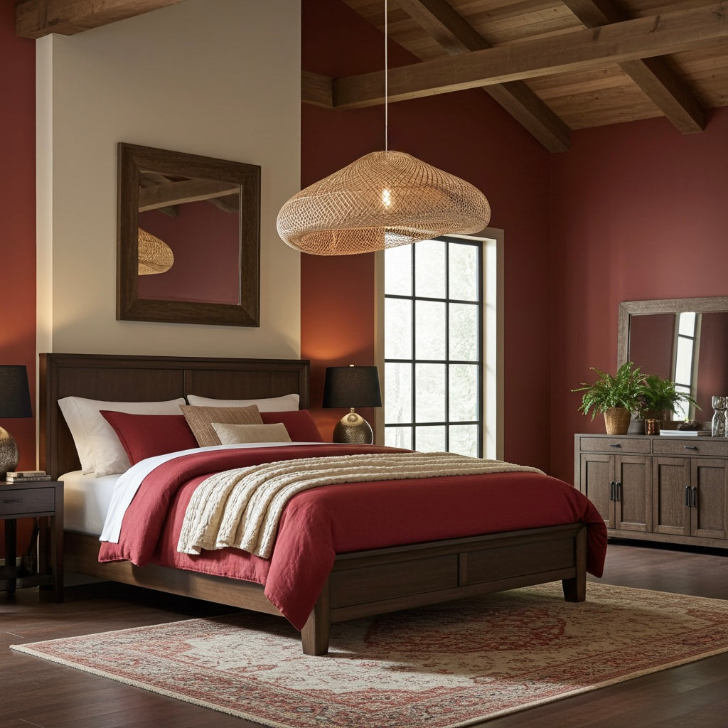 Extra large rattan pendant light shade Bedroom with wooden bed, red bedding, and pendant light.