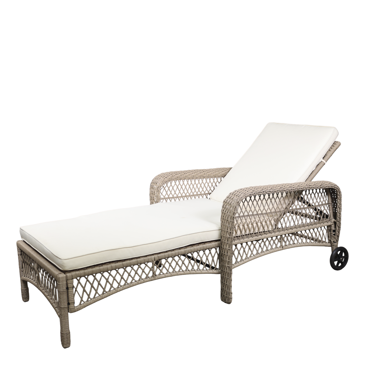 Wicker rattan wheeled sun lounger chair with white cushion on a white background