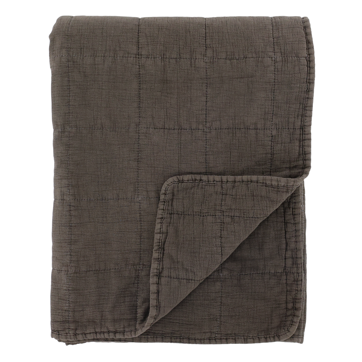 Folded dark lightweight brown quilt on a white background