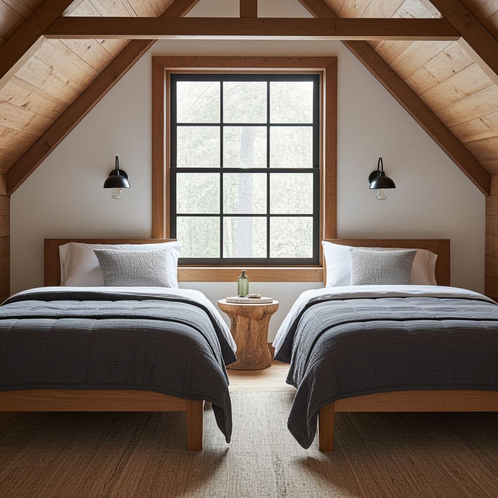 Two beds with cotton navy blue throws in a room with wooden beams and a large window.