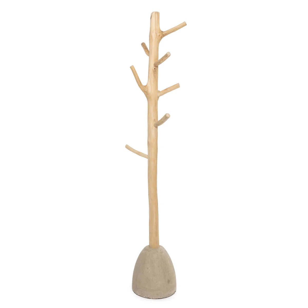 Tall wooden coat rack with concrete base on a white background