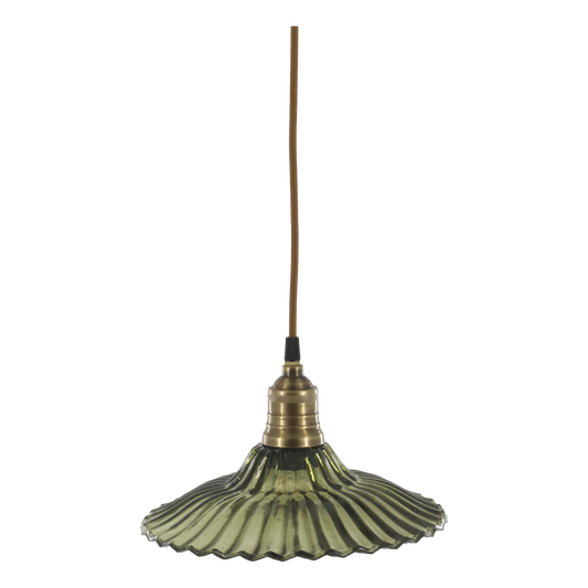 Vintage-style pendant light with green glass shade and brass fixture on a white background