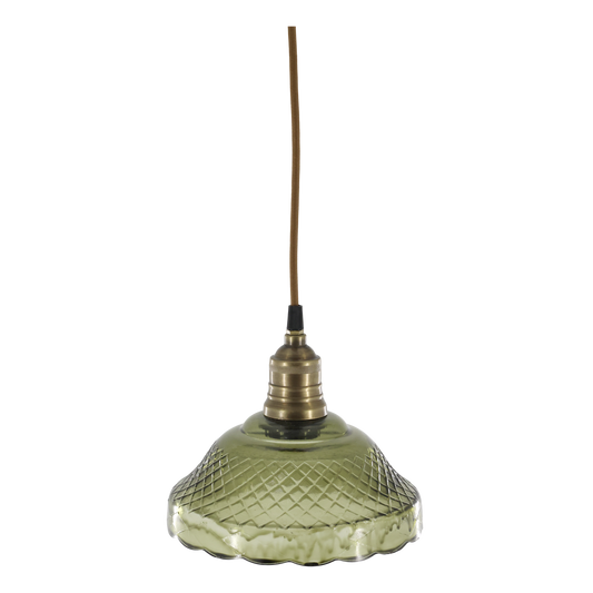 Green glass pendant light with brass fitting on a white background