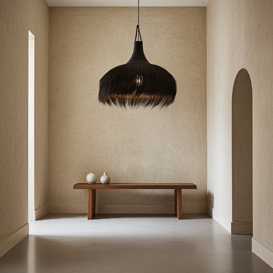 Extra large black handwoven mendong grass pendant light — Makiki Pendant by Flo & Joe. Statement lighting for large modern rustic interiors.