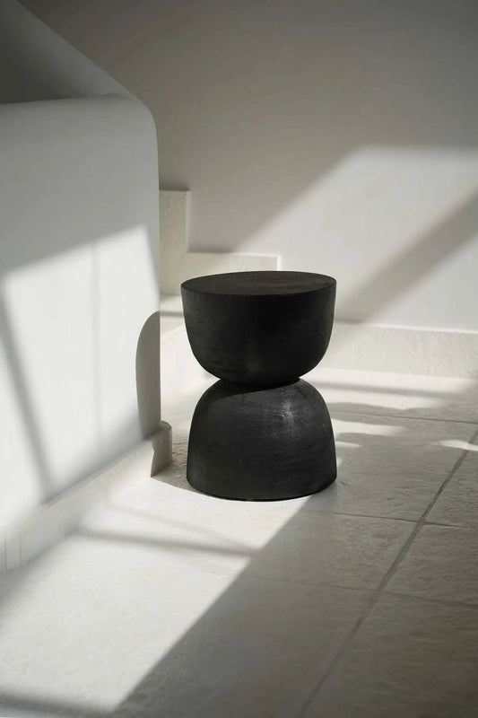 Black Wooden curved Side Table that is also a stool.  Handmade from natural wood
