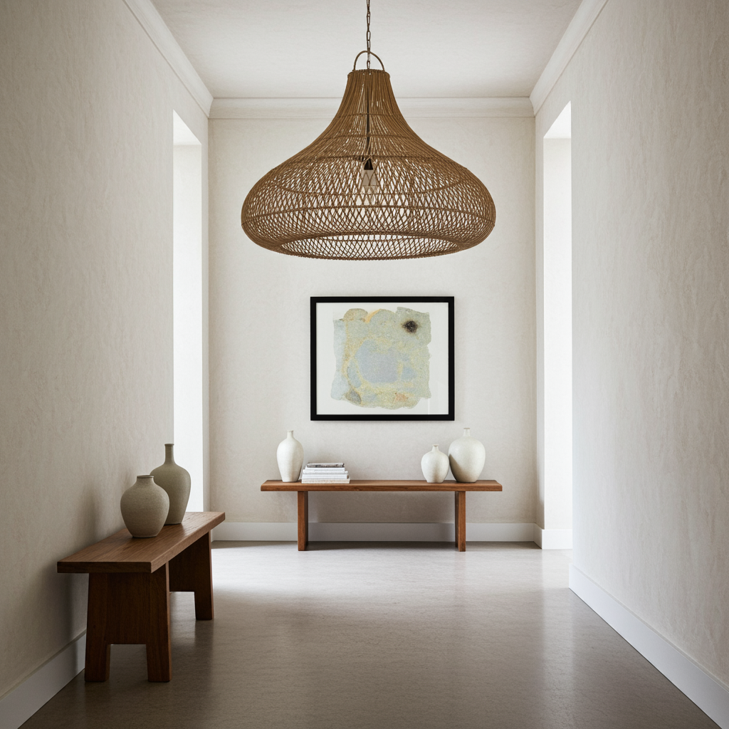 The Shala Pendant - Natural Rattan - Extra Large Ceiling Light in modern home hallway