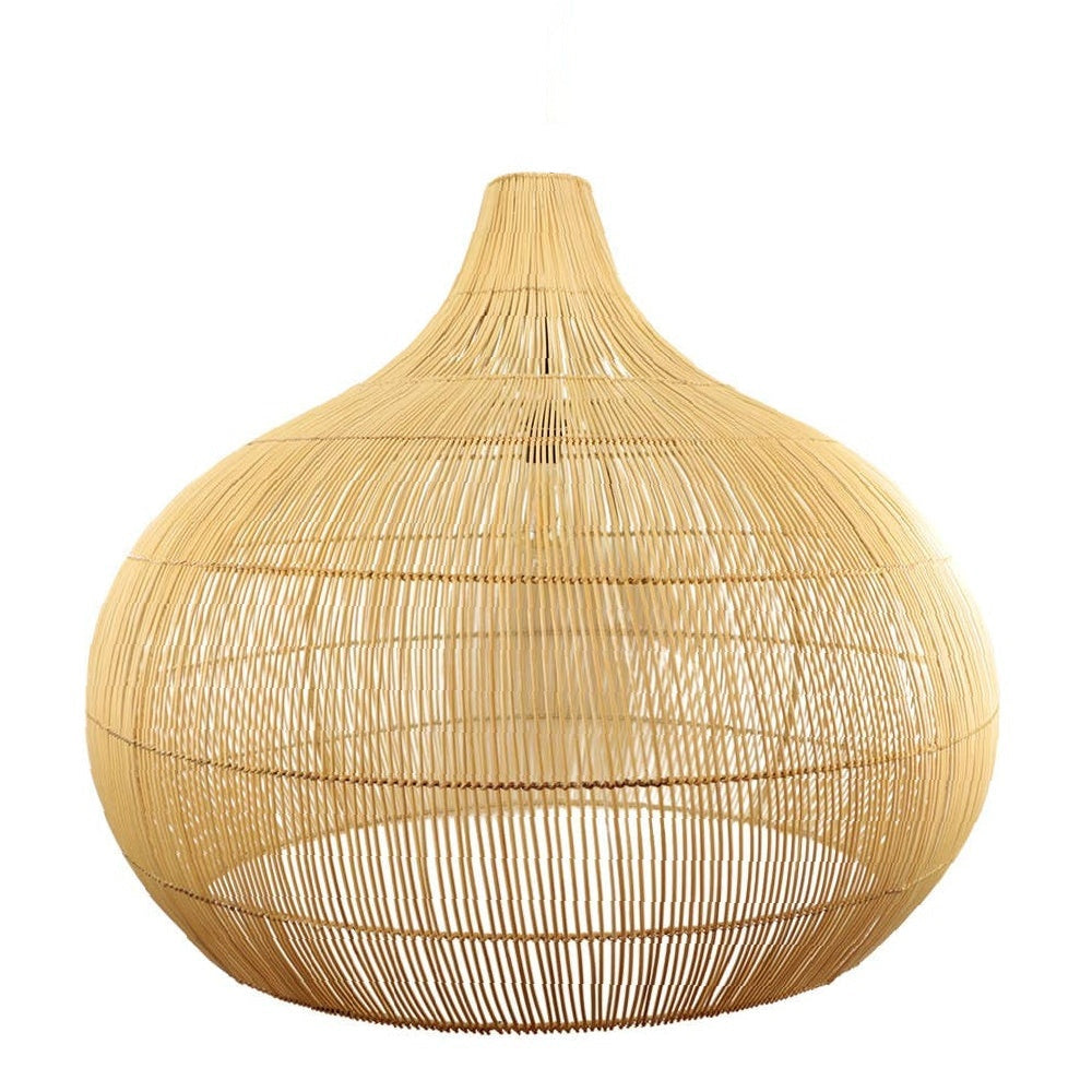 A n extra large round shaped pendant light made of natural woven rattan or wicker, shown against a plain white background.