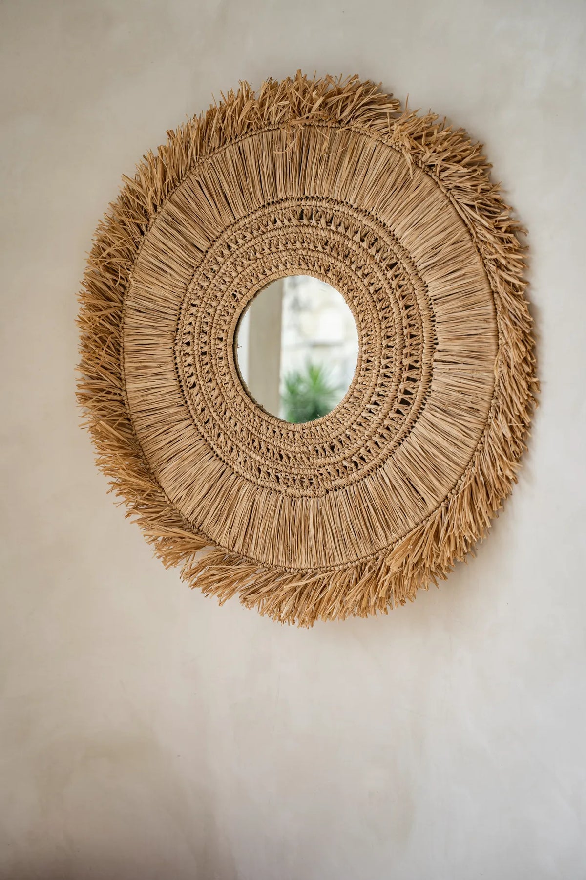 Raffia Woven Large Round Mirror with fringing.  UK based