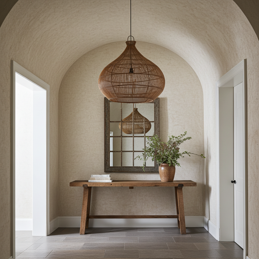 hallway with wooden table, mirror, and hanging large wicker rattan ceiling light lamp.