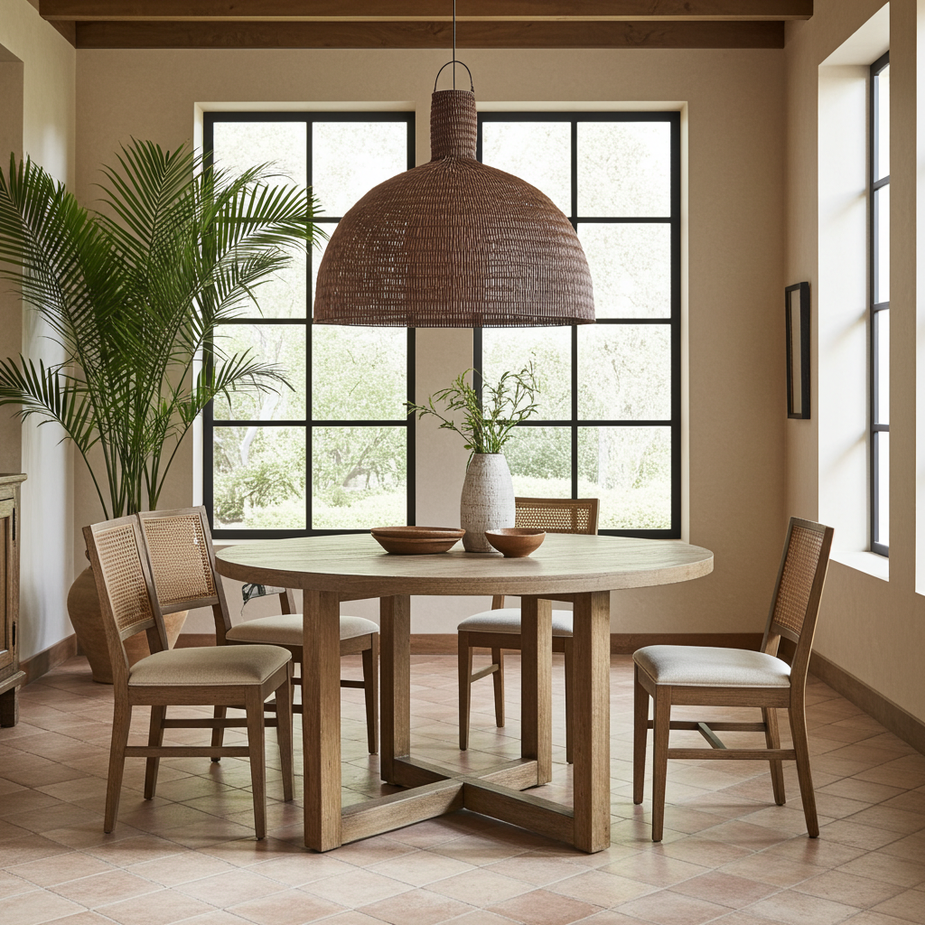 Dark wicker rattan oversized light shade over a round dining table