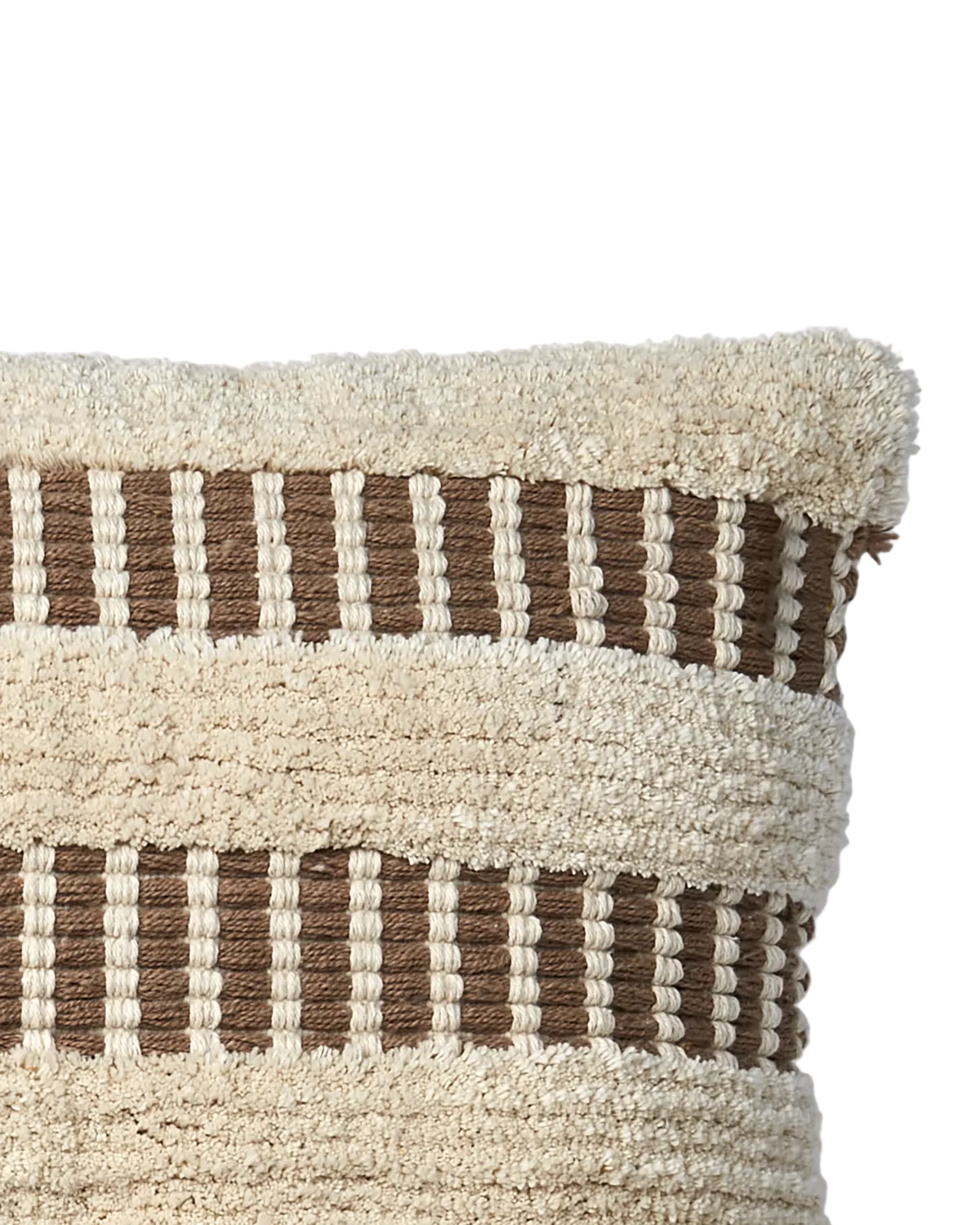 Textured pillow with brown and beige stripes on a white background