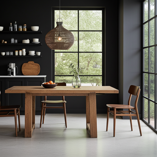 rattan pendant ;ight shade Modern dining room with wooden table and chairs, black walls, and large windows.