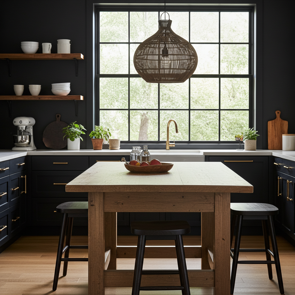 Rattan ceiling light modern kitchen with wooden dining table and stools, large window, and dark cabinets.