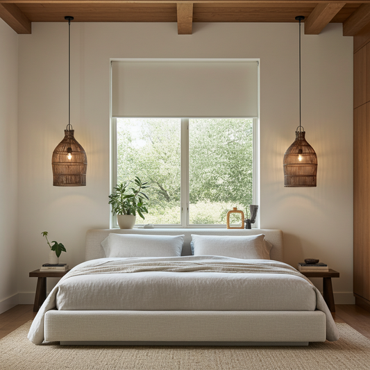Modern bedroom with a bed, wooden nightstands, and bedside dark rattan pendant lights.