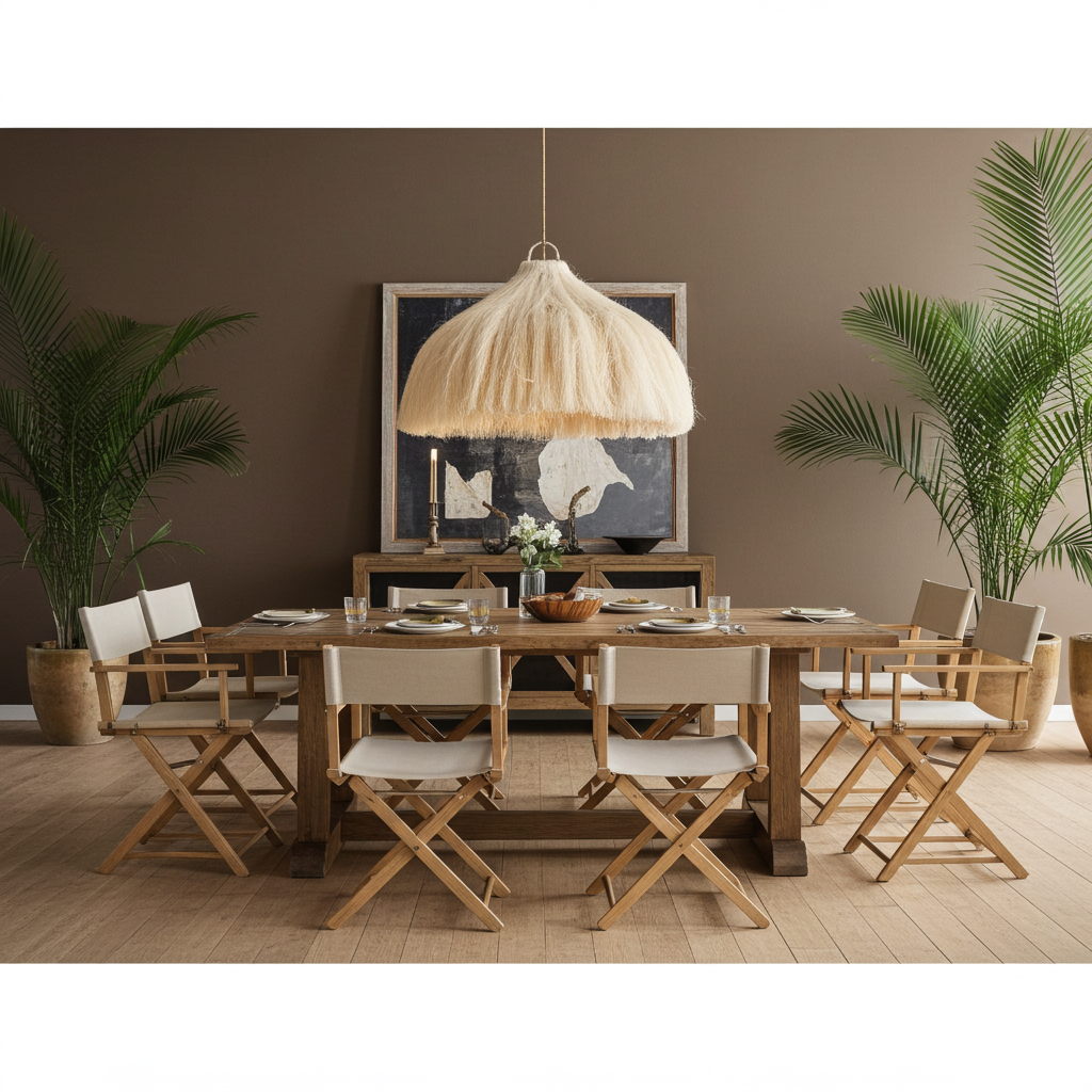 Dining room with wooden table and chairs, plants, and a textured wall with extra large natural chandelier
