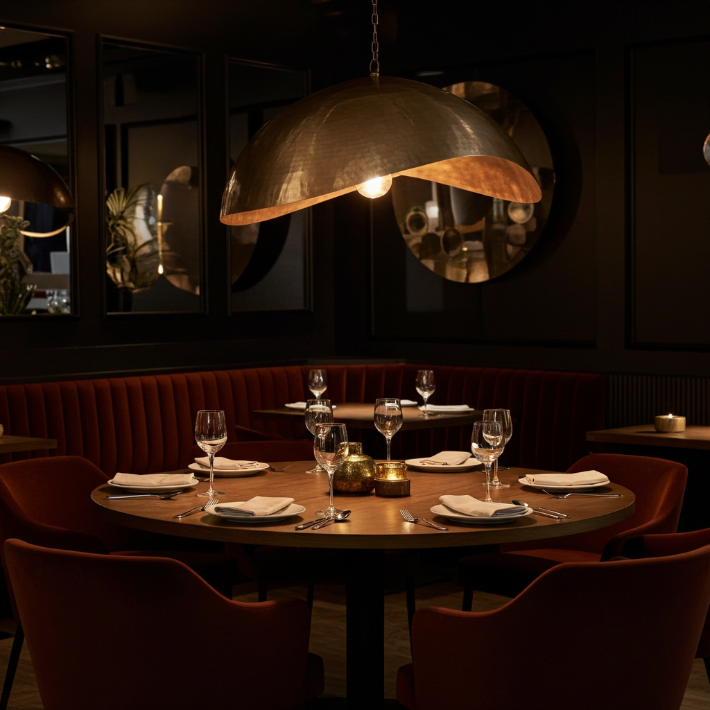 100cm brass pendant light over a large restaurant dining table