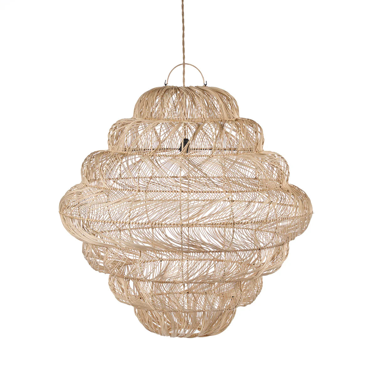 Extra large rattan pendant light on a white background