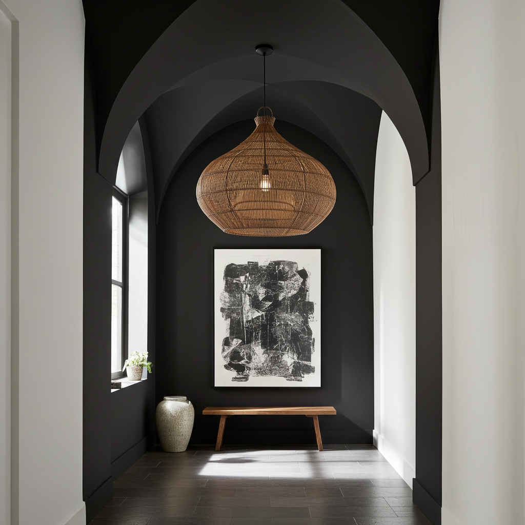 Extra large rattan ceiling light modern interior hallway with dark walls, a wooden bench, and a hanging light fixture.