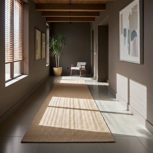 Modern interior hallway with a textured sisal runner rug, plant, and abstract art on the walls.