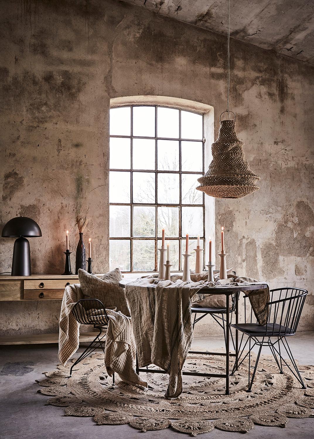 Rope Pendant Light Shade in a rustic plastered room with dining table and chairs