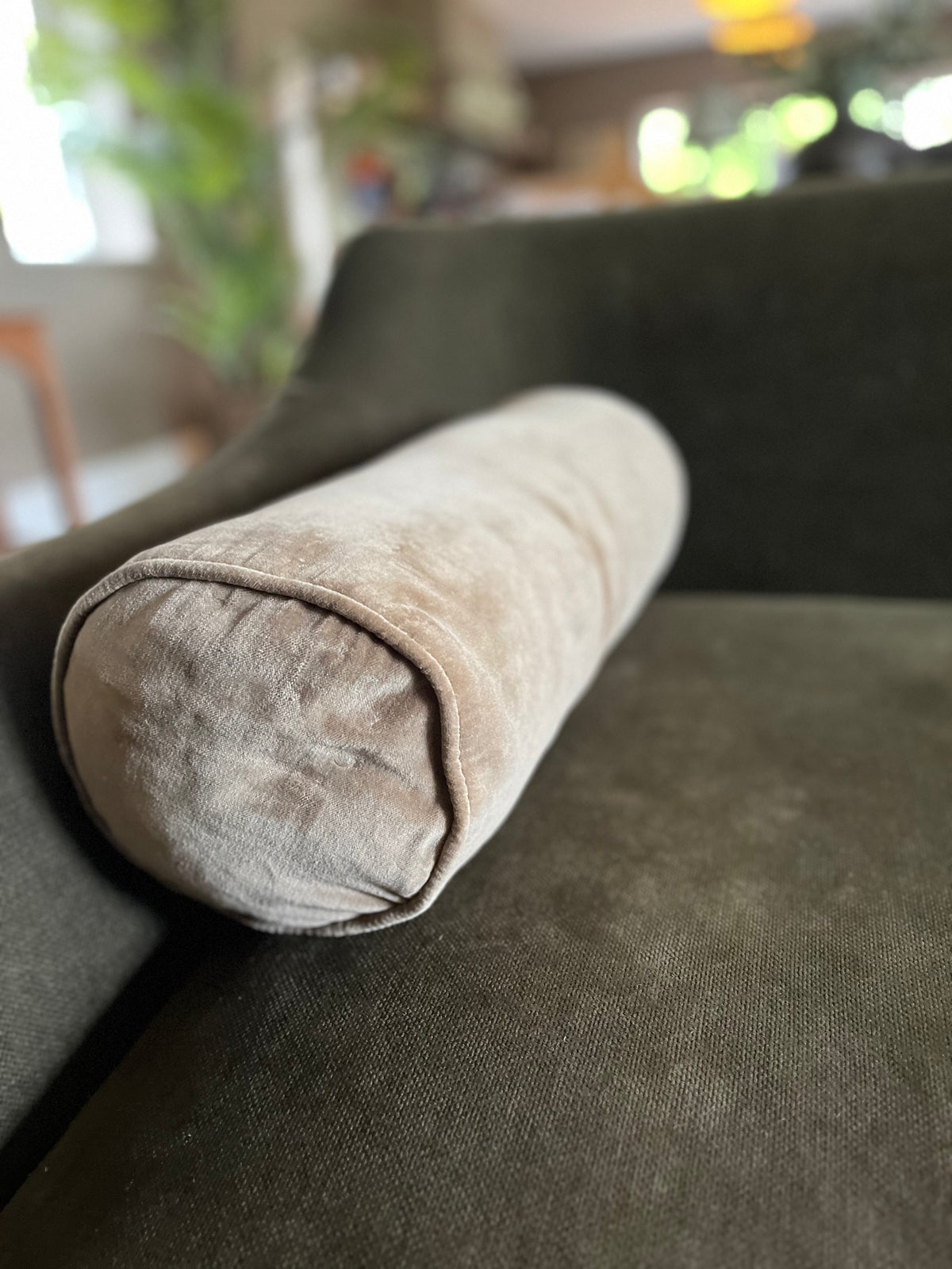 sage green velvet bolster cushion with removable washable cover