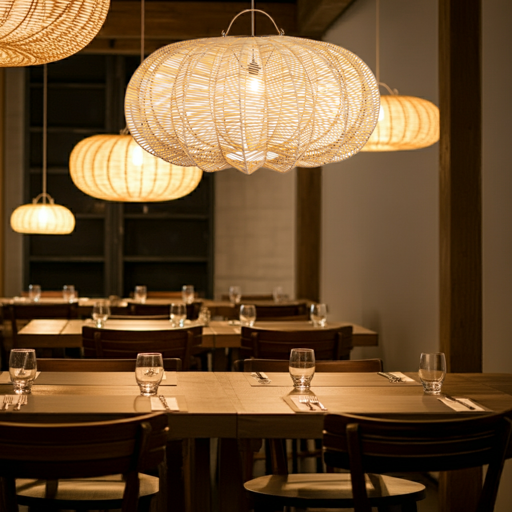 Dining area with extra large wicker rattan pendant lights and set tables.