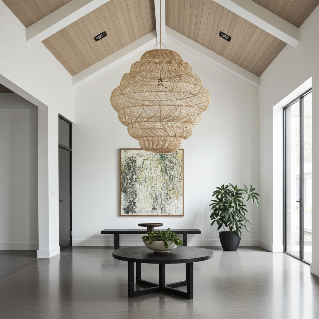 Modern interior with a large woven rattan wicker pendant light, black coffee table, and potted plants.