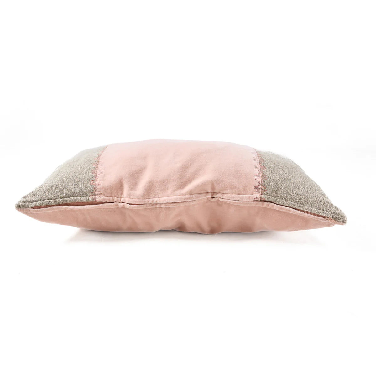 Two toned pink and natural linen pillow cushion on a white background