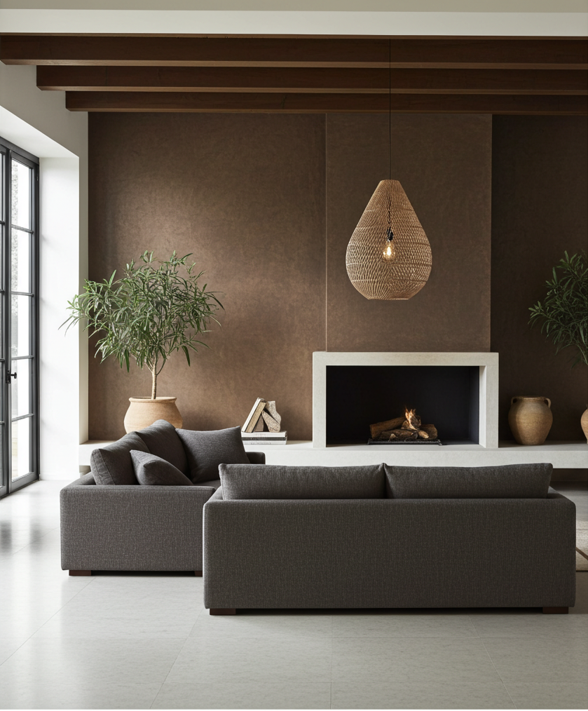 Modern living room with a gray sofa, fireplace, and large rattan light shade