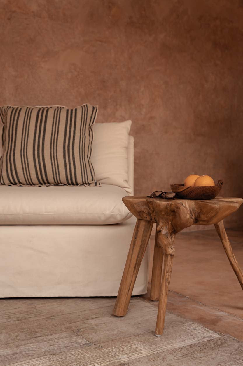 Earthy plastered living room with beige linen sofa and teak coffee table