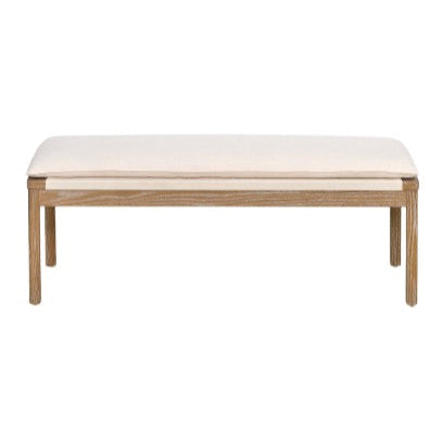The loire long wooden bench with cream linen upholstered seat flo & joe