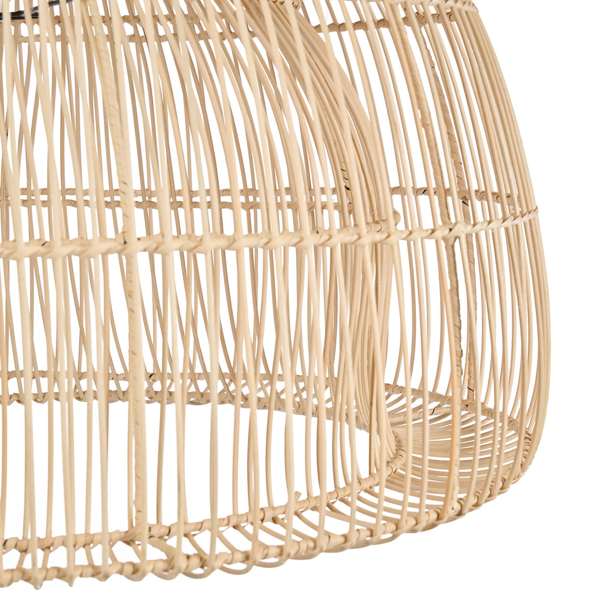 Close up of a wicker rattan ceiling shade on a white background