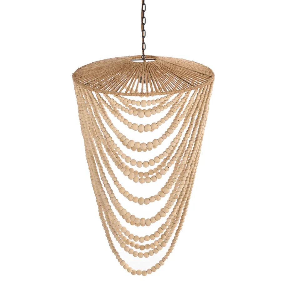 Wooden beaded chandelier with a white background