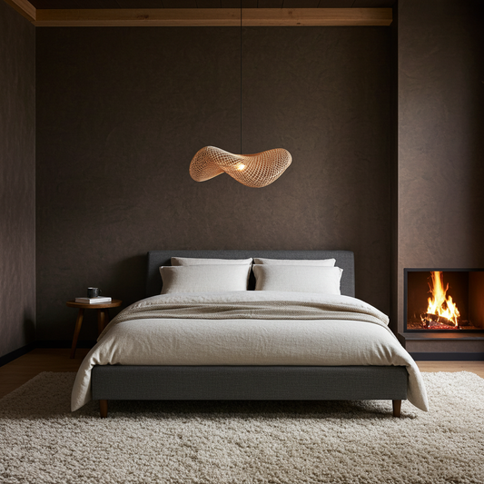 Modern bedroom with a bed and large rattan light shade, and fireplace.